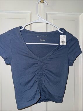 American Eagle Outfitters Slate Blue Ruched V-Neck Crop Top